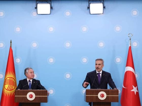 Turkish Foreign Minister Fidan - Kyrgyz Foreign Minister Kulubayev joint press conference in Ankara ANKARA, TURKIYE - JULY 1: (----EDITORIAL USE ONLY MANDATORY CREDIT - TURKISH MINISTRY OF FOREIGN AFFAIRS HANDOUT - NO MARKETING NO ADVERTISING CAMPAIGNS - DISTRIBUTED AS A SERVICE TO CLIENTS----) Turkish Foreign Minister Hakan Fidan and Kyrgyz Foreign Minister Jeenbek Kulubaev attend joint press conference after the Seventh Meeting of the Turkiye-Kyrgyzstan Joint Strategic Planning Group in Ankara, Turkiye on July 1, 2026. Turkish Ministry of Foreign Affairs Anadolu Ankara Turkey. Editorial use only. Please get in touch for any other usage.  Copyright: x2026xAnadoluxTurkishxMinistryxofxForeignxAffairsx