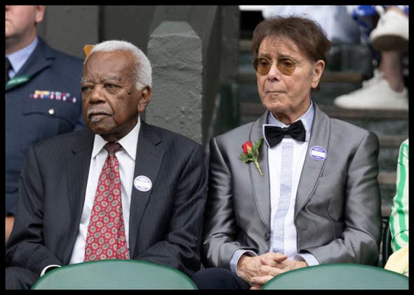 . 01 07 2026. London, United Kingdom. Sir Trevor McDonald and Sir Cliff Richard on Centre Court on day three of the Wimbledon Tennis Championships in London.  xStephenxLockx xi-Imagesx IIM-26874-0044