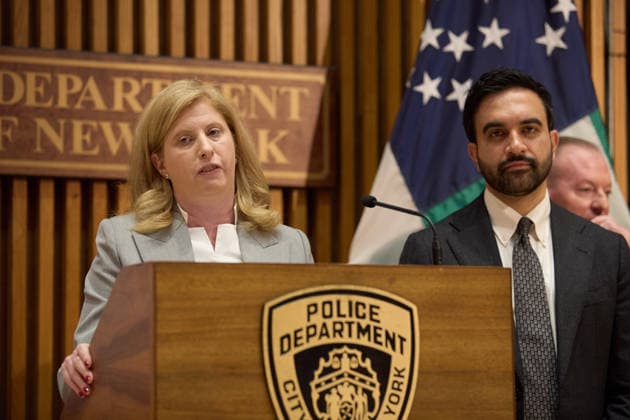 July 1, 2026, New York, New York, USA: NYPD Commissioner Jessica Tisch speaks at the podium as New York City Mayor Zohran Mamdani stands at her right during a security briefing ahead of Sail 250 and Fourth of July events in New York City, U.S., July 1, 2026. New York USA - ZUMAs237 20260701_aap_s237_013 Copyright: xMarkxJ.xSullivanx