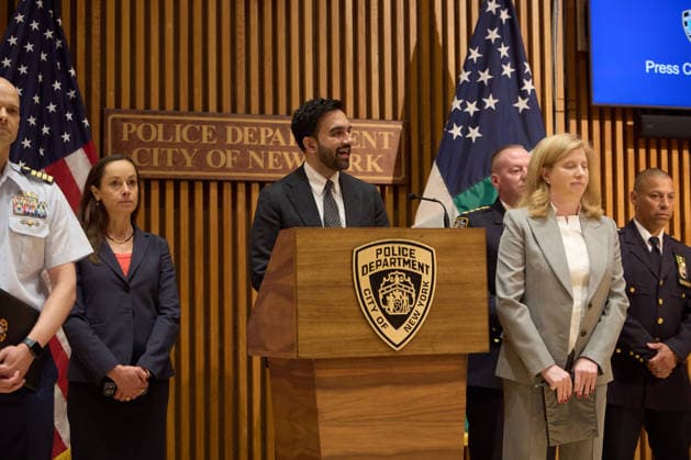 July 1, 2026, New York, New York, USA: New York City Mayor Zohran Mamdani speaks at the podium as NYPD Commissioner Jessica Tisch and Rebecca Weiner, NYPD Deputy Commissioner of Intelligence and Counterterrorism, look on during a security briefing ahead of Sail 250 and Fourth of July events in New York City, U.S., July 1, 2026. New York USA - ZUMAs237 20260701_aap_s237_025 Copyright: xMarkxJ.xSullivanx