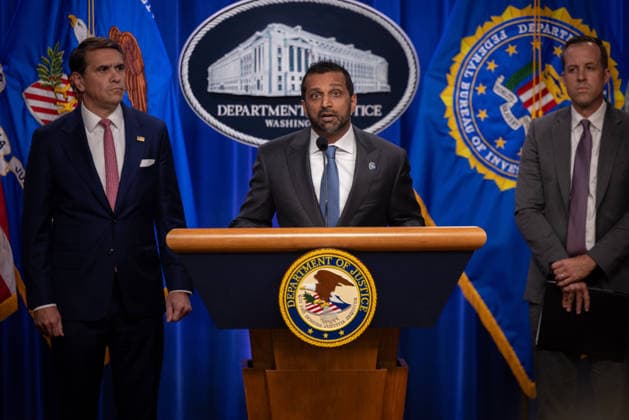 DOJ Tren de Aragua Press Conference WASHINGTON, DC - JULY 1: FBI Director Kash Patel speaks at a press conference announcing Tren de Aragua enforcement efforts at the Department of Justice in Washington, DC on July 1, 2026. Nathan Posner Anadolu Washington United States. Editorial use only. Please get in touch for any other usage.  Copyright: x2026xAnadoluxNathanxPosnerx