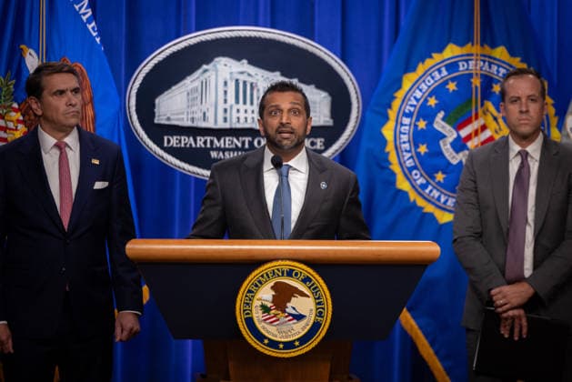 DOJ Tren de Aragua Press Conference WASHINGTON, DC - JULY 1: FBI Director Kash Patel speaks at a press conference announcing Tren de Aragua enforcement efforts at the Department of Justice in Washington, DC on July 1, 2026. Nathan Posner Anadolu Washington United States. Editorial use only. Please get in touch for any other usage.  Copyright: x2026xAnadoluxNathanxPosnerx