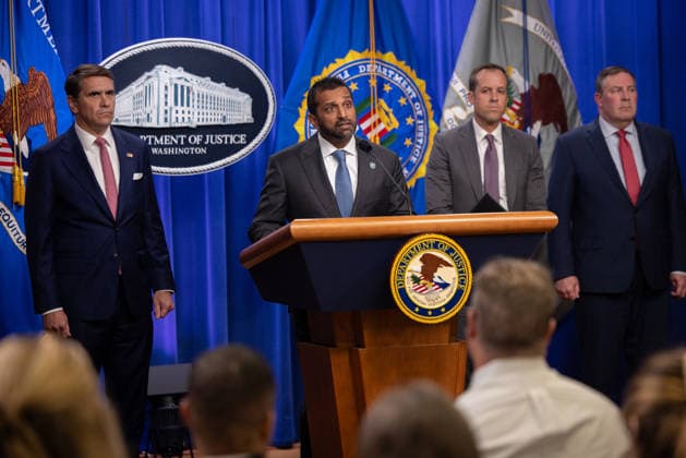DOJ Tren de Aragua Press Conference WASHINGTON, DC - JULY 1: FBI Director Kash Patel speaks at a press conference announcing Tren de Aragua enforcement efforts at the Department of Justice in Washington, DC on July 1, 2026. Nathan Posner Anadolu Washington United States. Editorial use only. Please get in touch for any other usage.  Copyright: x2026xAnadoluxNathanxPosnerx