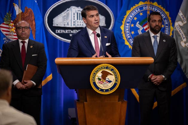 DOJ Tren de Aragua Press Conference WASHINGTON, DC - JULY 1: Acting Attorney General Todd Blanche answers questions at a press conference announcing Tren de Aragua enforcement efforts at the Department of Justice in Washington, DC on July 1, 2026. Nathan Posner Anadolu Washington United States. Editorial use only. Please get in touch for any other usage.  Copyright: x2026xAnadoluxNathanxPosnerx