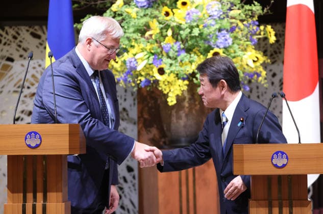 July 1, 2026, Tokyo, Japan - Ukrainian Foreign Minister Andrii Sybiha (L) shakes hands with his Japanese counterpart Toshimitsu Motegi (R) as they announced a joint statement after their talks at the Iikura guesthouse in Tokyo on Wednesday, July 1, 2026. Sybiha is on a three-day visit to Japan with the country s economy mission. (photo by Yoshio Tsunoda AFLO)  aflo_336506946