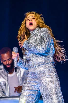 Shakira performs on stage during the Las Mujeres Ya No Lloran World Tour at the Kaseya Center. Miami, Florida on Wednesday July 1, 2026.  MIA20260701112 GARYxIxROTHSTEIN