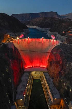 July 1, 2026 - Boulder City, Nevada, U.S. - Patriotic lighting illuminates the Hoover Dam on July 1, 2026 in the Lake Mead National Recreation Area, near Boulder City, Nevada. The dam will be lit through July 4, 2026 to mark the 250th anniversary of the United States Declaration of Independence. Boulder City USA - ZUMAbk3_ 20260701_zaf_bk3_006 Copyright: xDavidxBeckerx