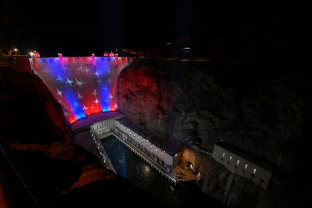 July 1, 2026 - Boulder City, Nevada, U.S. - Patriotic lighting illuminates the Hoover Dam on July 1, 2026 in the Lake Mead National Recreation Area, near Boulder City, Nevada. The dam will be lit nightly through July 4, 2026 to mark the 250th anniversary of the United States Declaration of Independence. Boulder City USA - ZUMAbk3_ 20260701_zaf_bk3_008 Copyright: xDavidxBeckerx