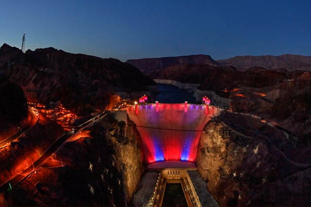 July 1, 2026 - Boulder City, Nevada, U.S. - Patriotic lighting illuminates the Hoover Dam on July 1, 2026 in the Lake Mead National Recreation Area, near Boulder City, Nevada. The dam will be lit through July 4, 2026 to mark the 250th anniversary of the United States Declaration of Independence. Boulder City USA - ZUMAbk3_ 20260701_zaf_bk3_013 Copyright: xDavidxBeckerx