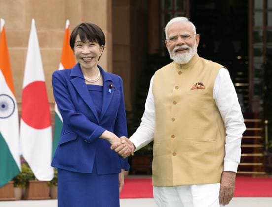 Japan-India summit Japanese Prime Minister Sanae Takaichi (L) and Indian Prime Minister Narendra Modi shake hands before their talks in New Delhi on July 2, 2026.  A14AA0005621212P