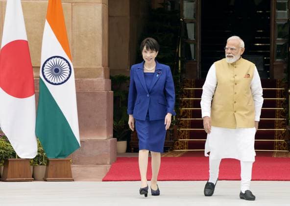 Japan-India summit Japanese Prime Minister Sanae Takaichi (L) and Indian Prime Minister Narendra Modi pose for a photo before their talks in New Delhi on July 2, 2026.  A14AA0005621217P
