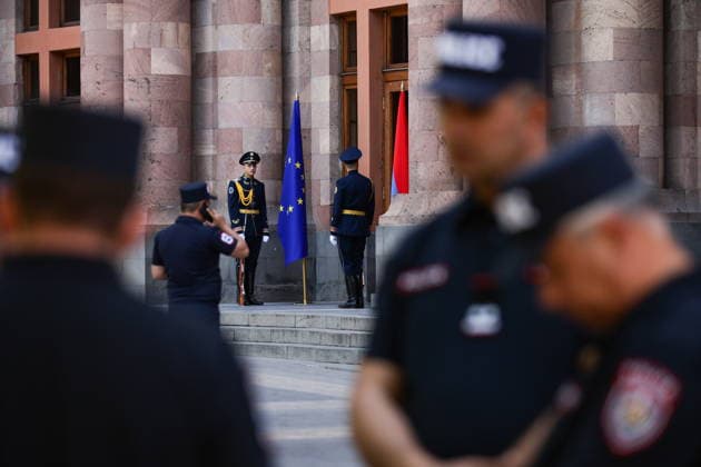 ARMENIA, YEREVAN - JULY 2, 2026: Police officers during a protest outside the Government House amid talks between European Commission President von der Leyen and Armenia s President Pashinyan. Alexander Patrin TASS  94569378