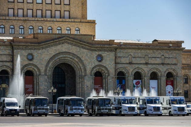 ARMENIA, YEREVAN - JULY 2, 2026: Police vehicles are seen in Republic Square are seen during protests amid talks between European Commission President von der Leyen and Armenia s President Pashinyan. Alexander Patrin TASS  94569376