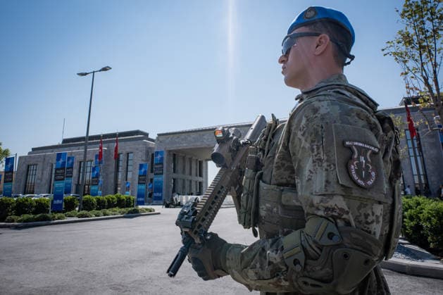 Ay Yildiz Joint Headquarters in Ankara??????? ANKARA, TURKIYE - JULY 2: Soldiers stand guard at Ay Yildiz Joint Headquarters, which brings together the General Staff and the Army, Navy, and Air Force commands under one roof, in Ankara, Turkiye on July 2, 2026. Distinguished by its crescent-and-star-inspired architecture, the complex is one of Turkiye s most significant defense investments. A reception for visiting defense ministers and senior NATO officials is scheduled to be held at the headquarters during the NATO Heads of State and Government Summit in Ankara on July 7-8. Ahmet Serdar Eser Anadolu Ankara Turkey. Editorial use only. Please get in touch for any other usage.  Copyright: x2026xAnadoluxAhmetxSerdarxEserx