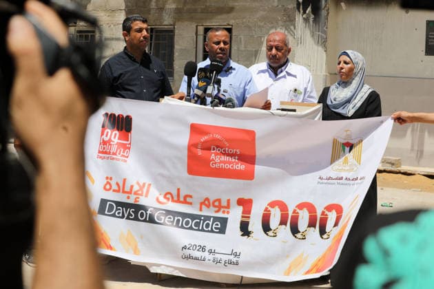 Government Officials Hold Press Conference on Gaza Humanitarian Crisis Representatives of government ministries and public sector institutions attend a press conference organized by the Government Media Office at the courtyard of al-Shifa Hospital in Gaza City on July 2, 2026, to discuss the humanitarian situation in the Gaza Strip as 1,000 days have passed since the start of the war. Photo by Bilal Osama apaimages Gaza city Gaza Strip Palestinian Territory 020726_Gaza_BO_00(15) Copyright: xapaimagesxBilalxOsamax xapaimagesx