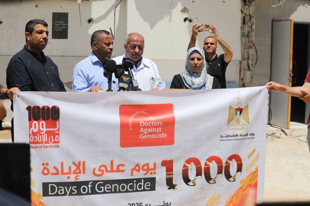Government Officials Hold Press Conference on Gaza Humanitarian Crisis Representatives of government ministries and public sector institutions attend a press conference organized by the Government Media Office at the courtyard of al-Shifa Hospital in Gaza City on July 2, 2026, to discuss the humanitarian situation in the Gaza Strip as 1,000 days have passed since the start of the war. Photo by Bilal Osama apaimages Gaza city Gaza Strip Palestinian Territory 020726_Gaza_BO_00(8) Copyright: xapaimagesxBilalxOsamax xapaimagesx