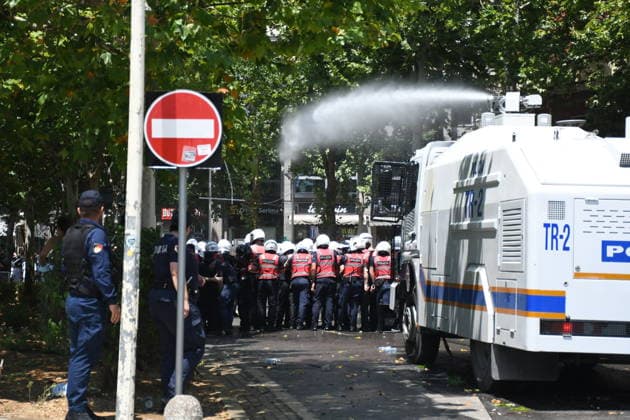 Protest over Zvernec Tourism Project held outside Albanian Parliament TIRANA, ALBANIA - JULY 2: Demonstrators protesting a planned tourism development project in the Zvernec area of Vlora gather outside the Albanian Parliament in Tirana on July 2, 2026, as protests that have continued for more than a month entered a new phase. Scuffles broke out between police and protesters during the demonstration. Protesters threw eggs and flour at police officers, members of parliament and parliamentary vehicles. Olsi Shehu Anadolu Tirana Albania. Editorial use only. Please get in touch for any other usage.  Copyright: x2026xAnadoluxOlsixShehux