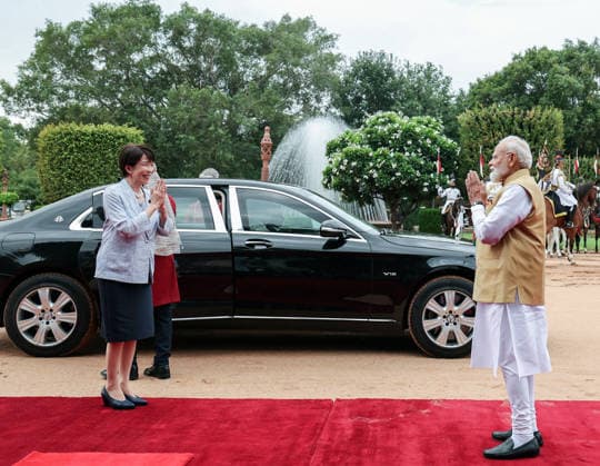 Ceremonial Reception for Japanese PM Sanae Takaichi at Rashtrapati Bhavan New Delhi, Jul 02 (ANI): Prime Minister Narendra Modi greets Japan™s Prime Minister Sanae Takaichi upon her arrival for the ceremonial reception at Rashtrapati Bhavan, in New Delhi on Thursday. (DPR PMO ANI Photo) NEW DELHI Delhi India Copyright: xANIx ANI_20260702069