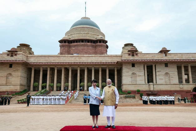 Ceremonial Reception for Japanese PM Sanae Takaichi at Rashtrapati Bhavan New Delhi, Jul 02 (ANI): Prime Minister Narendra Modi and Japan™s Prime Minister Sanae Takaichi exchange a handshake during the ceremonial reception at Rashtrapati Bhavan, in New Delhi on Thursday. (DPR PMO ANI Photo) NEW DELHI Delhi India Copyright: xANIx ANI_20260702073