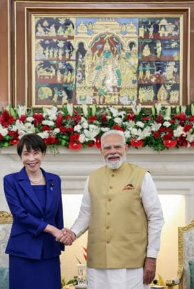 PM Modi & Japanese PM Sanae Takaichi at Hyderabad House in New Delhi New Delhi, Jul 02 (ANI): Prime Minister Narendra Modi and Japan™s Prime Minister Sanae Takaichi exchange a handshake ahead of bilateral talks at Hyderabad House, in New Delhi on Thursday. (DPR PMO ANI Photo) NEW DELHI Delhi India Copyright: xANIx ANI_20260702108