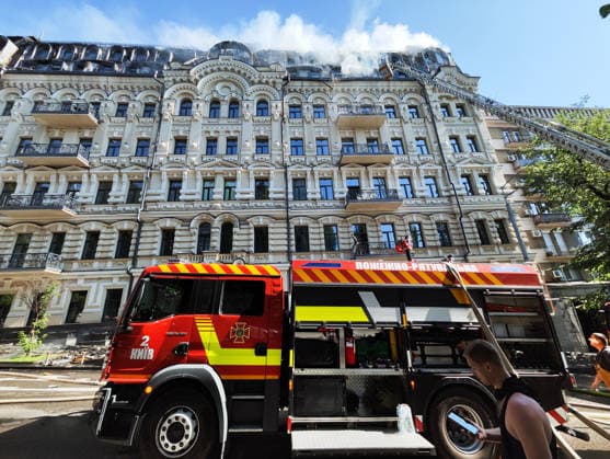 RECORD DATE NOT STATED Rescuers work at the site of a hotel building damaged in a massive Russian missile and drone attack in the Shevchenkivskyi district of Kyiv, Ukraine, on July 2, 2026. The Russian military launched a massive attack on the city using attack drones and various types of missiles. At least 13 people were killed and 56 others were injured in the strike. Private homes, apartment buildings, an ambulance substation and a hotel building were damaged (Photo by Hennadii Minchenko Ukrinform) Downtown Kyiv hotel damaged in Russian attack  Copyright: xHennadiixMinchenkox