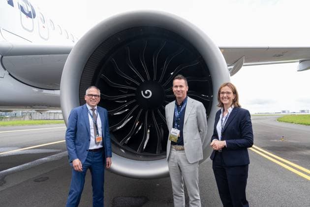 Vlaams minister-president Matthias Diependaele, Flemish Minister for Agriculture and Environment Jo Brouns and Brussels Airlines CEO Dorothea von Boxberg pictured during a media event organized by Brussels Airlines aviation company to mark the arrival of its eighth Airbus A320neo and the completion of the first phase of its fleet renewal program, on Thursday 02 July 2026 in Diegem. MARIUS BURGELMAN  MariusxBurgelman 180172605