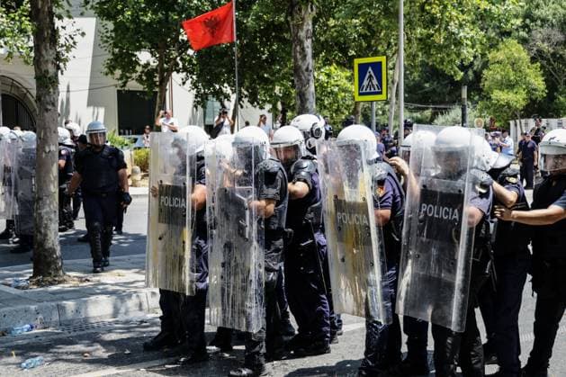 Day 33 Protest Turns Violent in Tirana TIRANA, ALBANIA JULY 2, 2026: Demonstrators gathered outside the Albanian Parliament during the thirty-third consecutive day of protests against a proposed luxury tourism development project linked to Jared Kushner and other international investors. Protesters threw eggs toward lawmakers and official vehicles as members of parliament arrived for the parliamentary session. Clashes erupted after police intervened, using tear gas, pepper spray and water cannons to disperse demonstrators, while protesters responded by throwing stones and damaging a police vehicle. Around 20 protesters were detained, according to protest organizers, before the movement continued with its scheduled evening demonstration Copyright: x xVlasovxSulajx xJNAxPressx