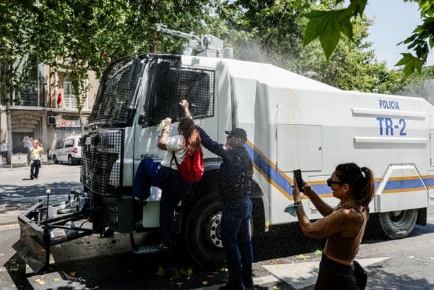 Day 33 Protest Turns Violent in Tirana TIRANA, ALBANIA JULY 2, 2026: Demonstrators gathered outside the Albanian Parliament during the thirty-third consecutive day of protests against a proposed luxury tourism development project linked to Jared Kushner and other international investors. Protesters threw eggs toward lawmakers and official vehicles as members of parliament arrived for the parliamentary session. Clashes erupted after police intervened, using tear gas, pepper spray and water cannons to disperse demonstrators, while protesters responded by throwing stones and damaging a police vehicle. Around 20 protesters were detained, according to protest organizers, before the movement continued with its scheduled evening demonstration Copyright: x xVlasovxSulajx xJNAxPressx