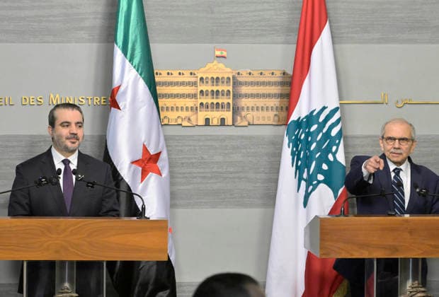 (260702) -- BEIRUT, July 2, 2026 -- Lebanese Prime Minister Nawaf Salam (R) attends a joint press conference with Syrian foreign chief Asaad al-Shaibani in Beirut, Lebanon, July 2, 2026. Visiting Syrian foreign chief Asaad al-Shaibani said Thursday that Syria has no intention of militarily intervening in Lebanon, stressing that Syrian authorities seek to build relations based on mutual respect and support for Lebanon s stability. (Photo by Xinhua) LEBANON-BEIRUT-SYRIA-VISIT BilalxJawich 