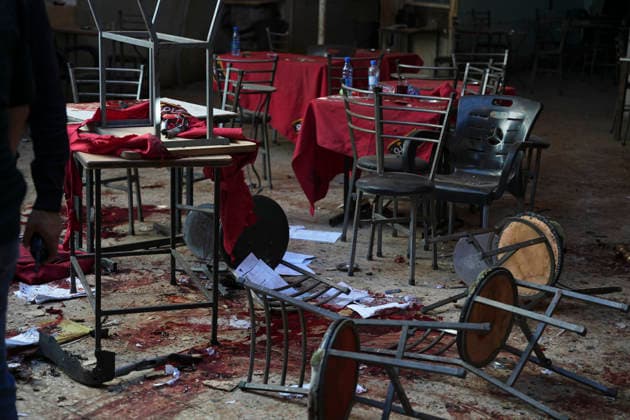 Damascus Cafe Blast Aftermath Investigated Damaged cafe furniture, debris and blood stains are visible inside a cafe in central Damascus, Syria, on July 2, 2026. An explosive device detonated inside the cafe near the Palace of Justice in the al-Hijaz area, killing people and injuring others, Syrian authorities said. Damascus Damascus Syria Copyright: xOmarxAlbamx