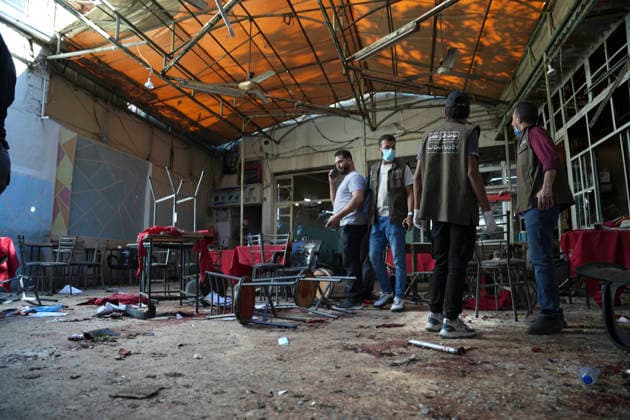 Damascus Cafe Blast Aftermath Investigated Men move through the damaged interior of a cafe in central Damascus, Syria, on July 2, 2026. An explosive device detonated inside the cafe near the Palace of Justice in the al-Hijaz area, killing people and injuring others, Syrian authorities said. Damascus Damascus Syria Copyright: xOmarxAlbamx