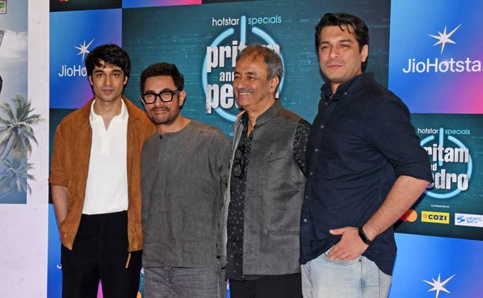 July 2, 2026, Mumbai, Maharashtra, India: L-R Bollywood actors Vir Hirani, Aamir Khan, filmmaker Rajkumar Hirani and Junaid Khan pose for a photo at the screening of web series Pritam & Pedro in Mumbai. Mumbai India  - ZUMAs197 20260702_aaa_s197_215 Copyright: xAshishxVaishnavx