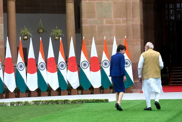 Japan Prime Minister Sanae Takaichi and Prime Minister Narendra Modi walk at Hyderabad House Japan Prime Minister Sanae Takaichi and Prime Minister Narendra Modi walk at Hyderabad House for a photo-op before holding a bilateral meeting followed by the signing of an agreement to boost strategic partnership between two countries. PM Takaichi schedule includes co-chairing the 16th India-Japan Annual Summit with PM Narendra Modi and addressing the India-Japan Business Forum. New Delhi India Copyright: SondeepxShankar