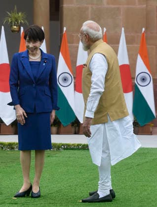 Japan Prime Minister Sanae Takaichi and Prime Minister Narendra Modi walk at Hyderabad House Japan Prime Minister Sanae Takaichi and Prime Minister Narendra Modi walk at Hyderabad House for a photo-op before holding a bilateral meeting followed by the signing of an agreement to boost strategic partnership between two countries. PM Takaichi schedule includes co-chairing the 16th India-Japan Annual Summit with PM Narendra Modi and addressing the India-Japan Business Forum. New Delhi India Copyright: SondeepxShankar