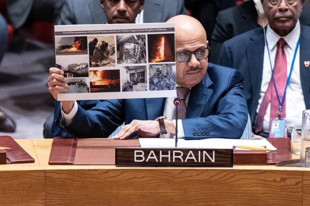 July 2, 2026, New York, New York, USA: Abdullatif bin Rashid Al Zayani, Minister of Foreign Affairs, Kingdom of Bahrain holds photographs of civilian targets hit by Iranian drones and missiles while speaking during Security Council meeting on The situation in the Middle East requested by Kingdom of Bahrain at UN Headquarters in New York, NY on July 2, 2026. New York USA  - ZUMAr339 20260702_znp_r339_011 Copyright: xLevxRadinx