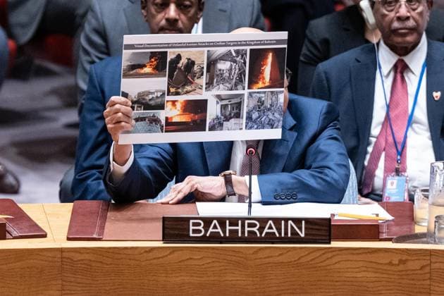 July 2, 2026, New York, New York, USA: Abdullatif bin Rashid Al Zayani, Minister of Foreign Affairs, Kingdom of Bahrain holds photographs of civilian targets hit by Iranian drones and missiles while speaking during Security Council meeting on The situation in the Middle East requested by Kingdom of Bahrain at UN Headquarters in New York, NY on July 2, 2026. New York USA  - ZUMAr339 20260702_znp_r339_013 Copyright: xLevxRadinx