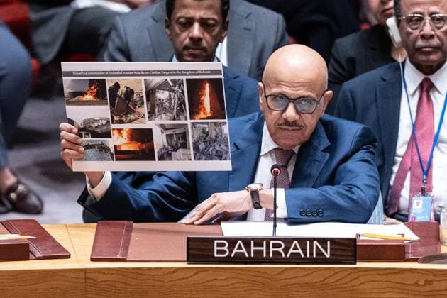 July 2, 2026, New York, New York, USA: Abdullatif bin Rashid Al Zayani, Minister of Foreign Affairs, Kingdom of Bahrain holds photographs of civilian targets hit by Iranian drones and missiles while speaking during Security Council meeting on The situation in the Middle East requested by Kingdom of Bahrain at UN Headquarters in New York, NY on July 2, 2026. New York USA - ZUMAr339 20260702_znp_r339_010 Copyright: xLevxRadinx