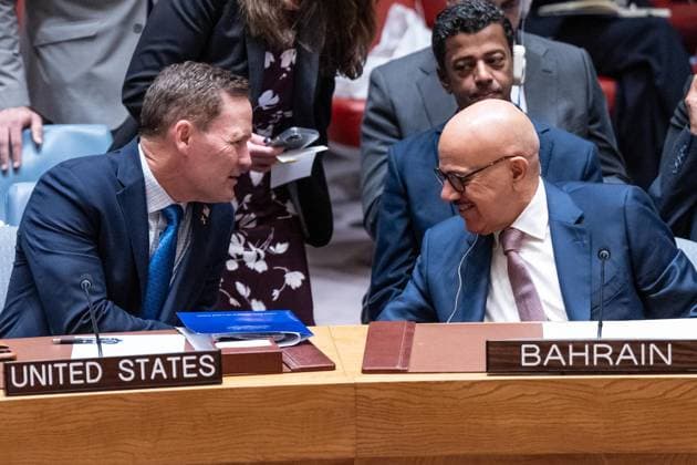 July 2, 2026, New York, New York, USA: Ambassador Mike Waltz of the United States, Abdullatif bin Rashid Al Zayani and Minister of Foreign Affairs, Kingdom of Bahrain consult during Security Council meeting on The situation in the Middle East requested by Kingdom of Bahrain at UN Headquarters in New York, NY on July 2, 2026. New York USA - ZUMAr339 20260702_znp_r339_025 Copyright: xLevxRadinx