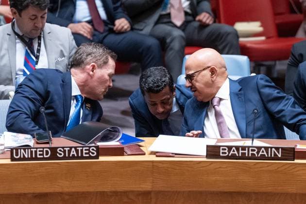 July 2, 2026, New York, New York, USA: Ambassador Mike Waltz of the United States, Abdullatif bin Rashid Al Zayani, Minister of Foreign Affairs, Kingdom of Bahrain and Ambassador Jamal Fares Alrowaiei of Kingdom of Bahrain consult during Security Council meeting on The situation in the Middle East requested by Kingdom of Bahrain at UN Headquarters in New York, NY on July 2, 2026. New York USA - ZUMAr339 20260702_znp_r339_031 Copyright: xLevxRadinx