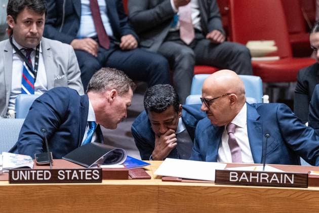 July 2, 2026, New York, New York, USA: Ambassador Mike Waltz of the United States, Abdullatif bin Rashid Al Zayani, Minister of Foreign Affairs, Kingdom of Bahrain and Ambassador Jamal Fares Alrowaiei of Kingdom of Bahrain consult during Security Council meeting on The situation in the Middle East requested by Kingdom of Bahrain at UN Headquarters in New York, NY on July 2, 2026. New York USA - ZUMAr339 20260702_znp_r339_033 Copyright: xLevxRadinx