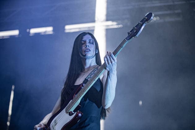 July 2, 2026, Soliera, Emilia Romagna, Italy: Samira Zahidi, bassist of the British post-punk band The Underground Youth performs on stage during a concert. Singer and guitarist Craig Dyer performed on stage at Piazza Lusvardi in Soliera (Modena) during a concert by British post-punk band The Underground Youth. The event marked the opening night of the nineteenth edition of the Arti Vive Festival. Soliera Italy  - ZUMAs197 20260702_aaa_s197_419 Copyright: xCarloxVerganix