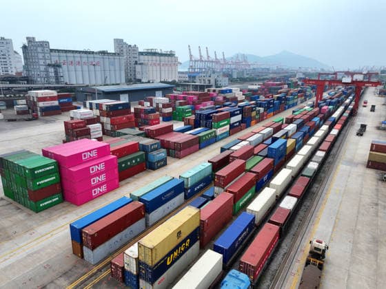 CHINA RAINWAY Express LIANYUNGANG, CHINA - JULY 3, 2026 - A fully loaded container of CHINA RAINWAY Express is preparing to depart from KTZ EXPRESS MULTIMODAL Company cooperative base in Lianyungang, Jiangsu Province, China on July 3, 2026. Lianyungang Jiangsu China  Copyright: xCFOTOx i1783078705913