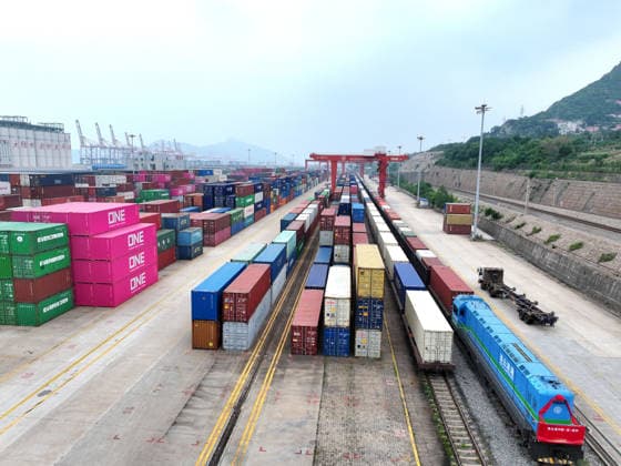 CHINA RAINWAY Express LIANYUNGANG, CHINA - JULY 3, 2026 - A fully loaded container of CHINA RAINWAY Express is preparing to depart from KTZ EXPRESS MULTIMODAL Company cooperative base in Lianyungang, Jiangsu Province, China on July 3, 2026. Lianyungang Jiangsu China  Copyright: xCFOTOx i1783078706060