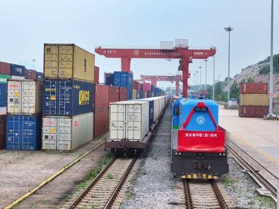 CHINA RAINWAY Express LIANYUNGANG, CHINA - JULY 3, 2026 - A fully loaded container of CHINA RAINWAY Express is preparing to depart from KTZ EXPRESS MULTIMODAL Company cooperative base in Lianyungang, Jiangsu Province, China on July 3, 2026. Lianyungang Jiangsu China  Copyright: xCFOTOx i1783078706207