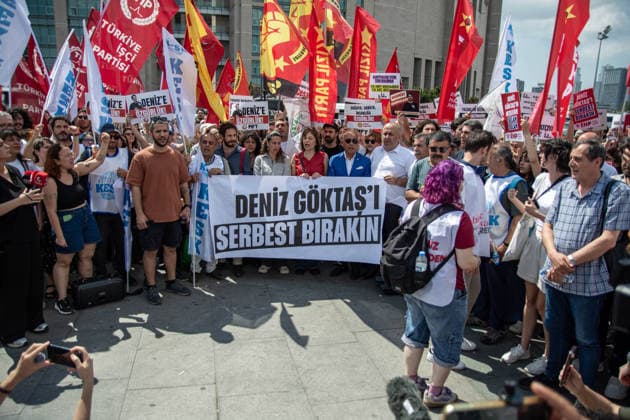 July 3, 2026, Istanbul, Istanbul, Turkey: Stand-up comedian Deniz Goktas was brought to the Istanbul Courthouse in Caglayan after being detained over his stand-up show published on YouTube. Political parties, labor unions, civil society organizations, fellow artists and supporters gathered outside the courthouse and held a press statement calling for his release and defending freedom of expression. Istanbul Turkey - ZUMAt171 20260703_zip_t171_002 Copyright: xAbdullahxTepelix