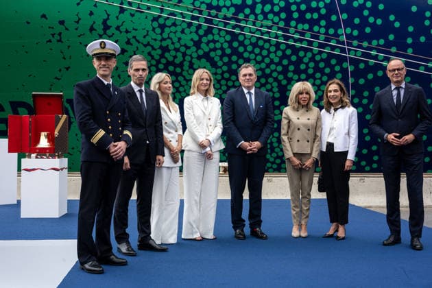 Christening of CMA CGM Notre Dame - Le Havre L-R : the vessel captain Nicolas Le Scornet, Rodolphe Saade, his wife Veronique Saade, the ‘godmother’ Delphine Arnault, Philippe Tabarot, Brigitte Macron, Tanya Saade and Edouard Philippe seen during the christening ceremony of the container ship CMA CGM NOTRE DAME, propelled by liquefied natural gas, at Le Havre port, France on July 2, 2026. Photo by Ammar Abd Rabbo ABACAPRESS.COM Le Havre France  Copyright: xAbdxRabboxAmmar ABACAx