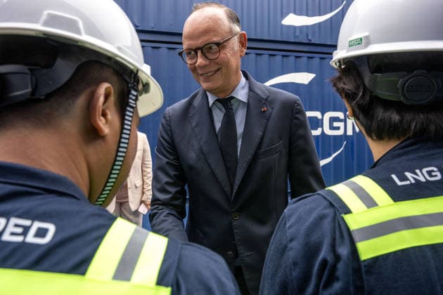 Christening of CMA CGM Notre Dame - Le Havre Edouard Philippe salutes members of the navigation team seen during the christening ceremony of the container ship CMA CGM NOTRE DAME, propelled by liquefied natural gas, at Le Havre port, France on July 2, 2026. Photo by Ammar Abd Rabbo ABACAPRESS.COM Le Havre France  Copyright: xAbdxRabboxAmmar ABACAx