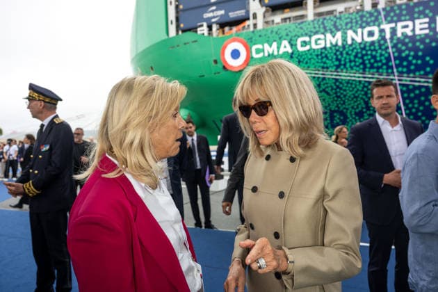 Christening of CMA CGM Notre Dame - Le Havre L-R : Anne Meaux and Brigitte Macron, seen during the christening ceremony of the container ship CMA CGM NOTRE DAME, propelled by liquefied natural gas, at Le Havre port, France on July 2, 2026. Photo by Ammar Abd Rabbo ABACAPRESS.COM Le Havre France  Copyright: xAbdxRabboxAmmar ABACAx