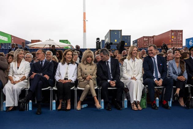 Christening of CMA CGM Notre Dame - Le Havre L-R : Veronique Saade, Edouard Philippe, Tanya Saade, Brigitte Macron, Rodolphe Saade, Delphine Arnault, Philippe Tabarot and Sabrina Roubache seen during the christening ceremony of the container ship CMA CGM NOTRE DAME, propelled by liquefied natural gas, at Le Havre port, France on July 2, 2026. Photo by Ammar Abd Rabbo ABACAPRESS.COM Le Havre France  Copyright: xAbdxRabboxAmmar ABACAx