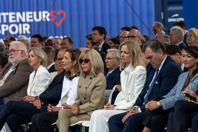 Christening of CMA CGM Notre Dame - Le Havre L-R : Veronique Saade, Edouard Philippe, Tanya Saade, Brigitte Macron, Delphine Arnault, Philippe Tabarot and Sabrina Roubache seen during the christening ceremony of the container ship CMA CGM NOTRE DAME, propelled by liquefied natural gas, at Le Havre port, France on July 2, 2026. Photo by Ammar Abd Rabbo ABACAPRESS.COM Le Havre France  Copyright: xAbdxRabboxAmmar ABACAx